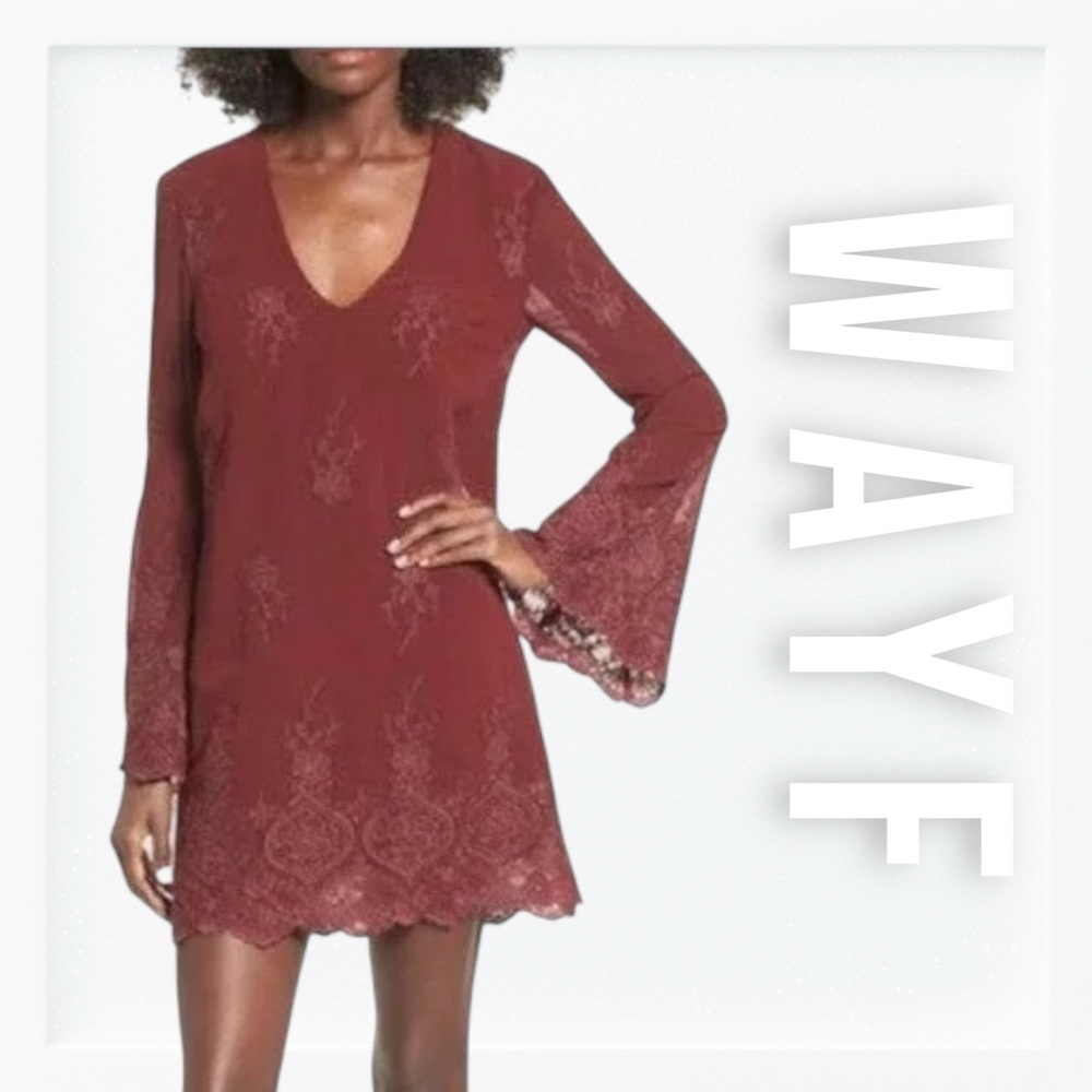 Wayf Burgundy Embroidered Flair Sleeved Dress sz S